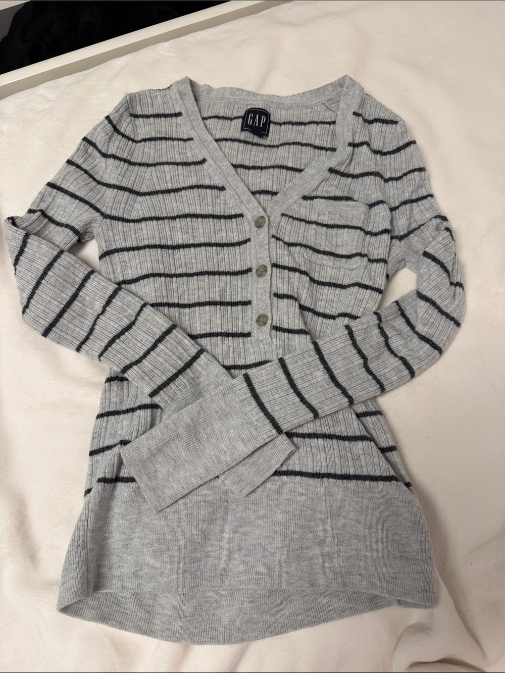 GAP Light Gray and Black Striped Ribbed Henley